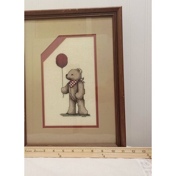 Vintage cross stitch, bear, balloons, framed - Picture 5 of 6